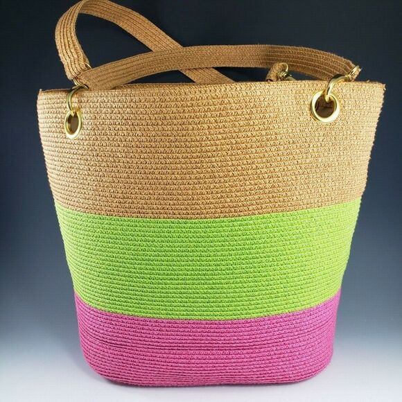Woven Paper Straw w Metal Trim Purse Tote Beach Bag Green Pink Tan Footed Lined - Picture 2 of 11